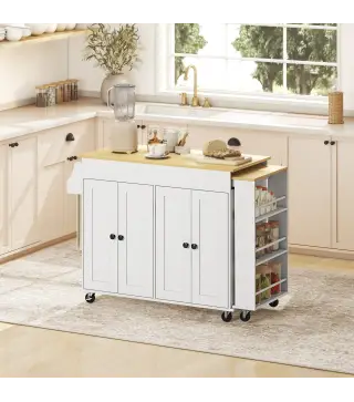 Isla de Cocina con Ruedas Encimera Extensible 4 Puertas Estantes Ajustables Especiero y Soporte para Toallas Blanco