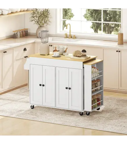 Isla de Cocina con Ruedas Encimera Extensible 4 Puertas Estantes Ajustables Especiero y Soporte para Toallas Blanco
