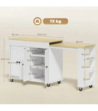 Isla de Cocina con Ruedas Encimera Extensible 4 Puertas Estantes Ajustables Especiero y Soporte para Toallas Blanco