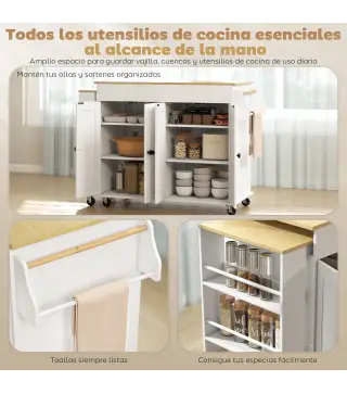 Isla de Cocina con Ruedas Encimera Extensible 4 Puertas Estantes Ajustables Especiero y Soporte para Toallas Blanco