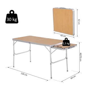 Mesa Plegable de Camping Portátil con Ala Abatible Mesa de Picnic de Encimera MDF Estructura Ligera de Aluminio Carga 30kg Altur