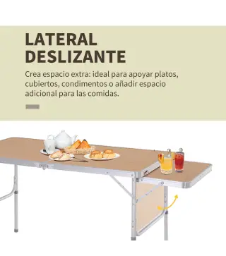 Mesa Plegable de Camping Portátil con Ala Abatible Mesa de Picnic de Encimera MDF Estructura Ligera de Aluminio Carga 30kg Altur