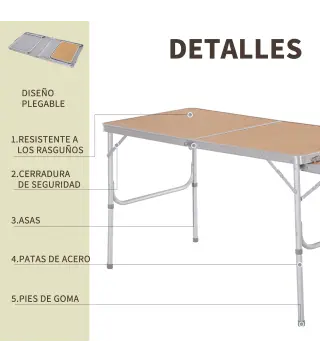 Mesa Plegable de Camping Portátil con Ala Abatible Mesa de Picnic de Encimera MDF Estructura Ligera de Aluminio Carga 30kg Altur