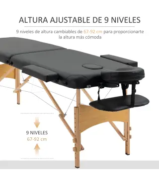 Camilla Plegable con Altura Ajustable 67-92 cm para Uso Profesional de Belleza Acupuntura y Fisioterapia 210x81 cm Negro