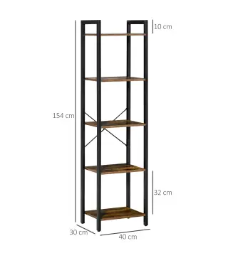 Estantería Industrial de 5 Niveles Estantería Librería de Almacenaje con Marco de Acero 40x30x154 cm Marrón Rústico