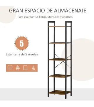 Estantería Industrial de 5 Niveles Estantería Librería de Almacenaje con Marco de Acero 40x30x154 cm Marrón Rústico