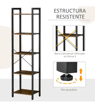 Estantería Industrial de 5 Niveles Estantería Librería de Almacenaje con Marco de Acero 40x30x154 cm Marrón Rústico