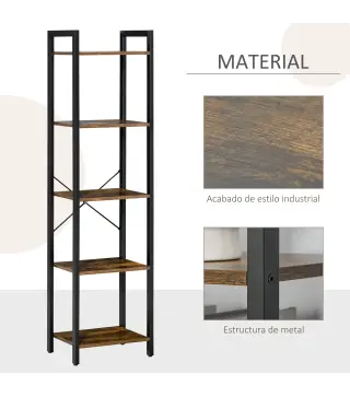 Estantería Industrial de 5 Niveles Estantería Librería de Almacenaje con Marco de Acero 40x30x154 cm Marrón Rústico