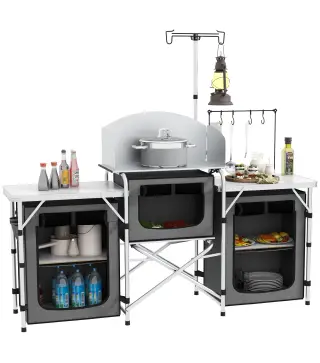 Mueble de Cocina para Camping Plegable con 3 Mesas 4 Ganchos Poste de Luz y Bolsa de Transporte 172x48x119 cm Gris
