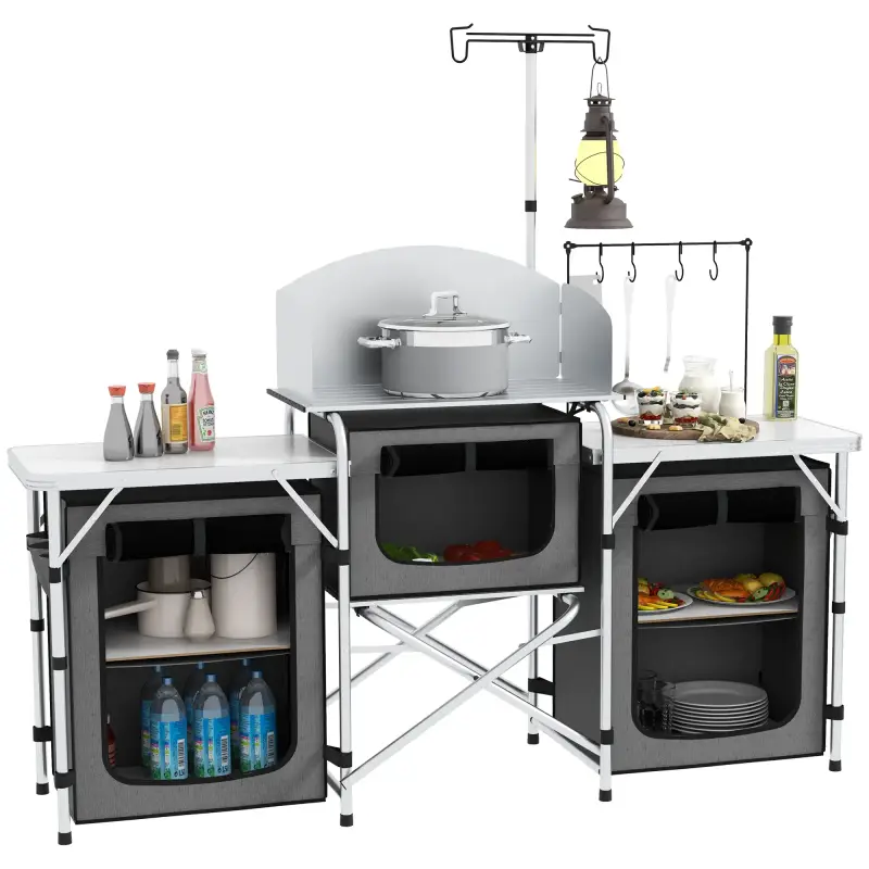 Mueble de Cocina para Camping Plegable con 3 Mesas 4 Ganchos Poste de Luz y Bolsa de Transporte 172x48x130 cm Gris