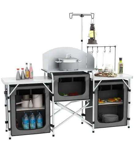 Mueble de Cocina para Camping Plegable con 3 Mesas 4 Ganchos Poste de Luz y Bolsa de Transporte 172x48x119 cm Gris