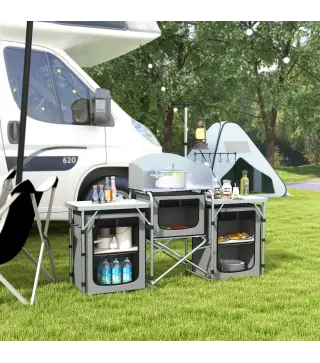 Mueble de Cocina para Camping Plegable con 3 Mesas 4 Ganchos Poste de Luz y Bolsa de Transporte 172x48x130 cm Gris