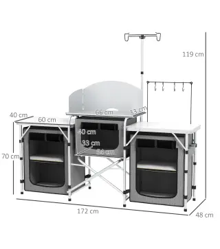 Mueble de Cocina para Camping Plegable con 3 Mesas 4 Ganchos Poste de Luz y Bolsa de Transporte 172x48x119 cm Gris