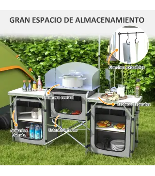 Mueble de Cocina para Camping Plegable con 3 Mesas 4 Ganchos Poste de Luz y Bolsa de Transporte 172x48x119 cm Gris