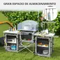 Mueble de Cocina para Camping Plegable con 3 Mesas 4 Ganchos Poste de Luz y Bolsa de Transporte 172x48x130 cm Gris