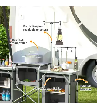 Mueble de Cocina para Camping Plegable con 3 Mesas 4 Ganchos Poste de Luz y Bolsa de Transporte 172x48x119 cm Gris