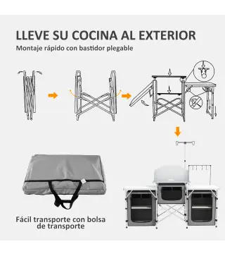 Mueble de Cocina para Camping Plegable con 3 Mesas 4 Ganchos Poste de Luz y Bolsa de Transporte 172x48x119 cm Gris
