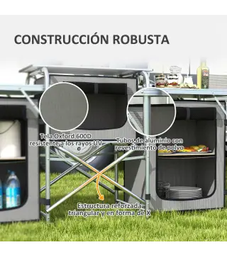 Mueble de Cocina para Camping Plegable con 3 Mesas 4 Ganchos Poste de Luz y Bolsa de Transporte 172x48x119 cm Gris