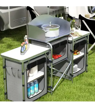 Mueble de Cocina para Camping Plegable con 3 Mesas 4 Ganchos Poste de Luz y Bolsa de Transporte 172x48x119 cm Gris