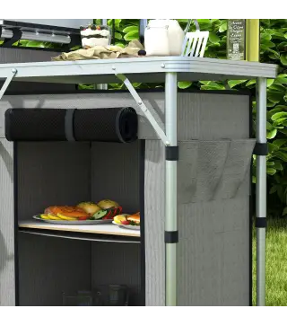 Mueble de Cocina para Camping Plegable con 3 Mesas 4 Ganchos Poste de Luz y Bolsa de Transporte 172x48x119 cm Gris