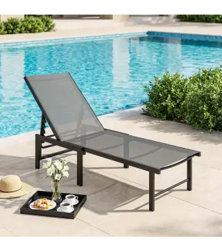 Tumbona Reclinable de Jardín Exterior con Respaldo Ajustable en 5 Posiciones y Marco de Acero 166x60x84 cm Gris