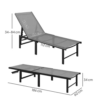 Tumbona de jardín exterior reclinable 5 posiciones ajustables asiento en textilene gris