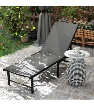 Tumbona de jardín exterior reclinable 5 posiciones ajustables asiento en textilene gris