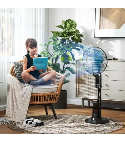 Ventilador de Pie con Nebulizador 3 Velocidades 3 Modos Oscilación de 70° Depósito de 3,2L y Mando 44,5x38,5x120cm Negro