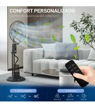 Ventilador de Pie con Nebulizador 3 Velocidades 3 Modos Oscilación de 70° Depósito de 3,2L y Mando 44,5x38,5x120cm Negro