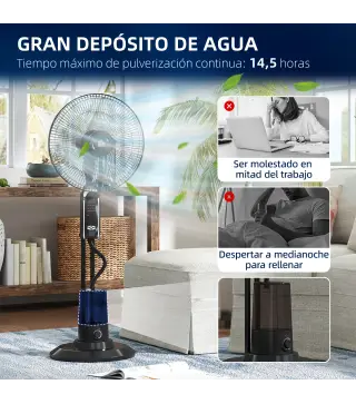 Ventilador de Pie con Nebulizador 3 Velocidades 3 Modos Oscilación de 70° Depósito de 3,2L y Mando 44,5x38,5x120cm Negro