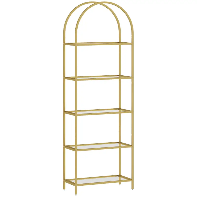 Estantería de Vidrio de 5 Niveles Estantería Almacenaje Estructura Arqueada Librería Estrecha 60x30x175 cm Dorado