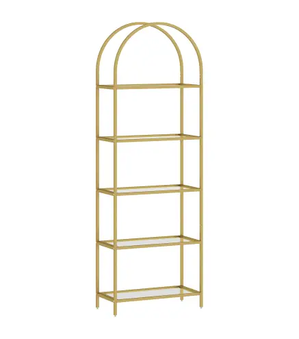Estantería de Vidrio de 5 Niveles Estantería Almacenaje Estructura Arqueada Librería Estrecha 60x30x175 cm Dorado