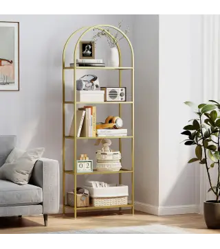 Estantería de Vidrio de 5 Niveles Estantería Almacenaje Estructura Arqueada Librería Estrecha 60x30x175 cm Dorado