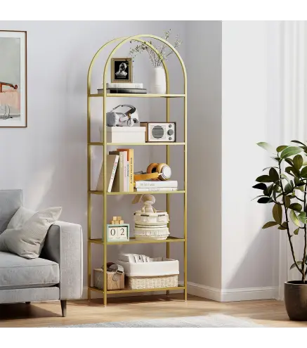 Estantería de Vidrio de 5 Niveles Estantería Almacenaje Estructura Arqueada Librería Estrecha 60x30x175 cm Dorado
