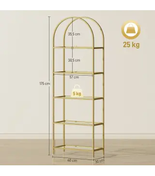 Estantería de Vidrio de 5 Niveles Estantería Almacenaje Estructura Arqueada Librería Estrecha 60x30x175 cm Dorado