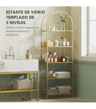 Estantería de Vidrio de 5 Niveles Estantería Almacenaje Estructura Arqueada Librería Estrecha 60x30x175 cm Dorado
