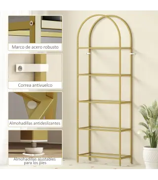 Estantería de Vidrio de 5 Niveles Estantería Almacenaje Estructura Arqueada Librería Estrecha 60x30x175 cm Dorado