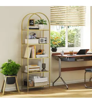 Estantería de Vidrio de 5 Niveles Estantería Almacenaje Estructura Arqueada Librería Estrecha 60x30x175 cm Dorado