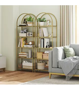 Estantería de Vidrio de 5 Niveles Estantería Almacenaje Estructura Arqueada Librería Estrecha 60x30x175 cm Dorado