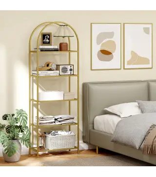 Estantería de Vidrio de 5 Niveles Estantería Almacenaje Estructura Arqueada Librería Estrecha 60x30x175 cm Dorado