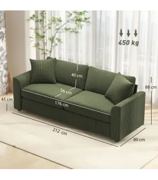 Sofá de 3 Plazas Tapizado en Pana con 2 Almohadas Reposabrazos y Cojín de Muelles 212x80x88 cm Verde