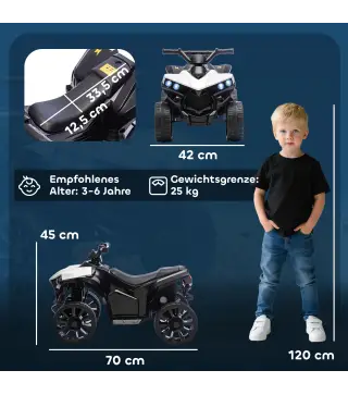 Quad infantil eléctrico 6V con marcha adelante/atrás, música, faros LED Blanco