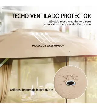 Carpa para Jardín 3x4 m con Techo Ventilado 4 Paredes y 4 Mosquiteras UPF50+ para Exterior Terraza Caqui
