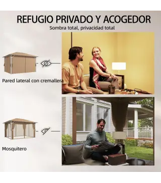 Carpa para Jardín 3x4 m con Techo Ventilado 4 Paredes y 4 Mosquiteras UPF50+ para Exterior Terraza Caqui