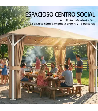Carpa para Jardín 3x4 m con Techo Ventilado 4 Paredes y 4 Mosquiteras UPF50+ para Exterior Terraza Caqui