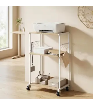 Soporte para Impresora de 3 Niveles con Ruedas Mueble para Impresora con Ganchos y Marco Metálico Madera Natural