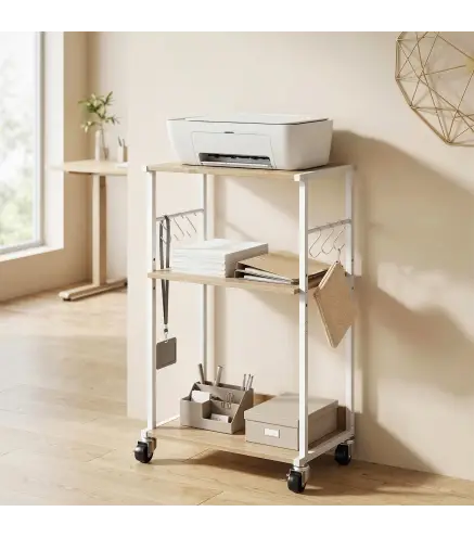 Soporte para Impresora de 3 Niveles con Ruedas Mueble para Impresora con Ganchos y Marco Metálico Madera Natural