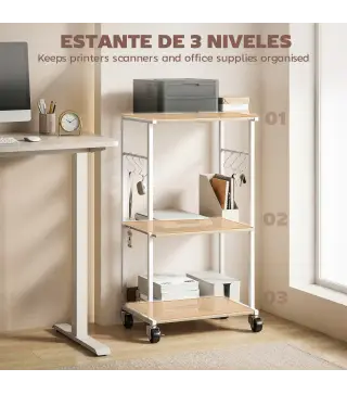 Soporte para Impresora de 3 Niveles con Ruedas Mueble para Impresora con Ganchos y Marco Metálico Madera Natural
