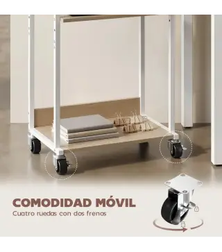 Soporte para Impresora de 3 Niveles con Ruedas Mueble para Impresora con Ganchos y Marco Metálico Madera Natural