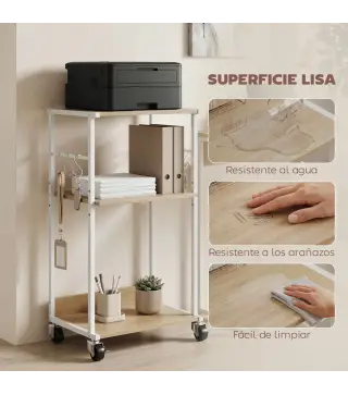 Soporte para Impresora de 3 Niveles con Ruedas Mueble para Impresora con Ganchos y Marco Metálico Madera Natural